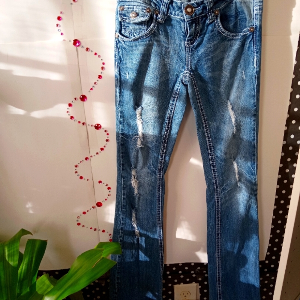 Z.CO Premium Jeans DARK BLUE Distressed High Rise FLARES Size 3